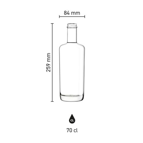 Infographic shows detailed dimensions of the Oxygen 0.7 litre glass bottle. Infographic shows detailed dimensions of the Oxygen 0.7 litre glass bottle.