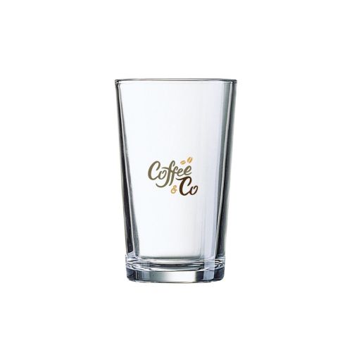 Glass Conique 8 cl with printed CoffeeCo logo in multiple colours on the front. Glass Conique 8 cl with printed CoffeeCo logo in multiple colours on the front.