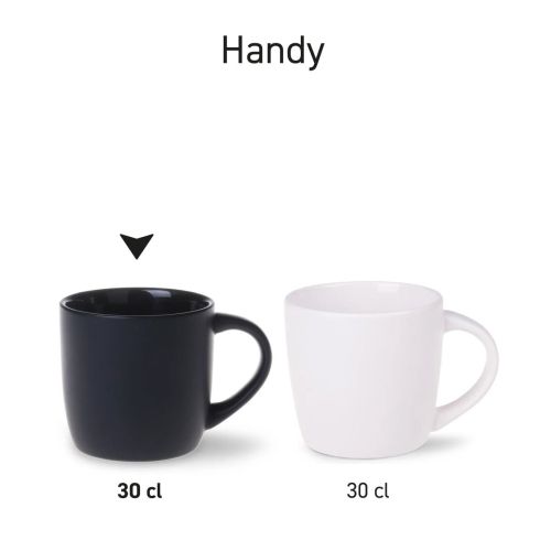 Series Handy 30 cl porcelain mugs in two different designs presented side by side.