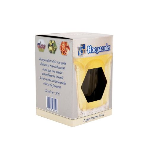 Hoegaarden bierglas van 25 cl in helder glas met bijpassende verpakking, geschikt als drinkglas voor witbier en cadeauverpakking.