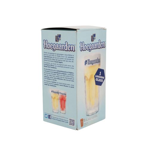 Hoegaarden long drink glass 25 cl in transparent glass, shown with accompanying packaging in informative product presentation.