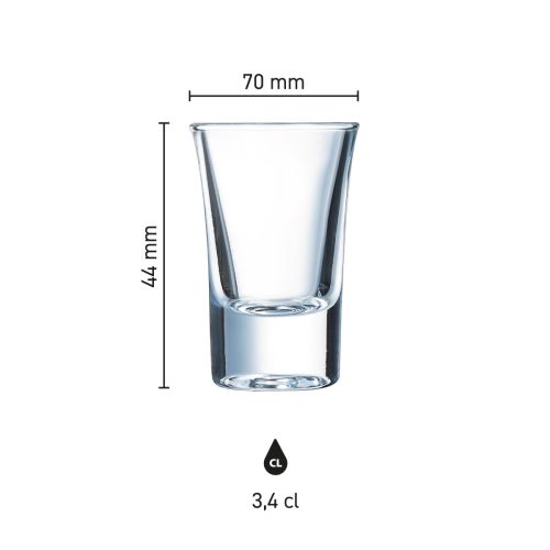 Infographic van het HotShot glas 3,4 cl met hoogte en diameter. Infographic van het HotShot glas 3,4 cl met hoogte en diameter.