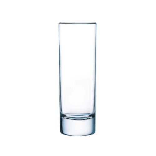Front view of Islande long drink glass 22 cl. in transparent, cylindrical glass. Front view of Islande long drink glass 22 cl. in transparent, cylindrical glass.