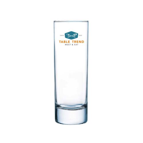 Long drink glass 22 cl made of glass with TableTrend logo in multiple colours on the front view. Long drink glass 22 cl made of glass with TableTrend logo in multiple colours on the front view.