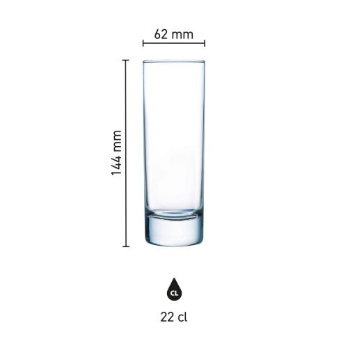 Infographic shows product dimensions of Islande long drink glass 22 cl. Infographic shows product dimensions of Islande long drink glass 22 cl.