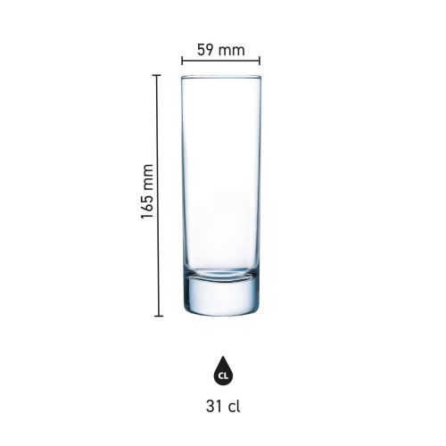 Infographic shows product dimensions of Islande long drink glass 31 cl. with height and diameter.
