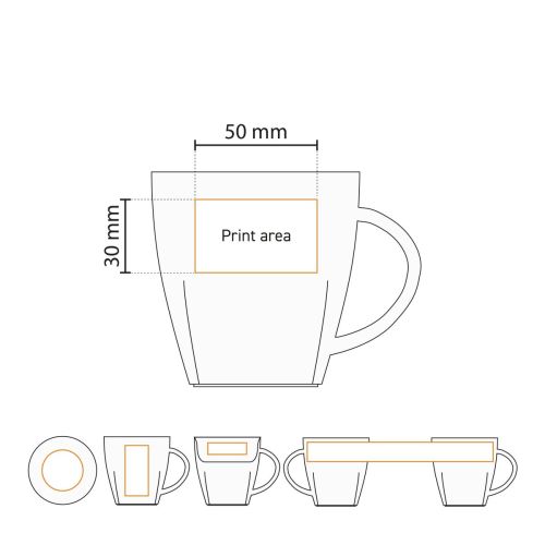 Technical working drawing shows printing area for printing on the Kirsten mug 30 cl.