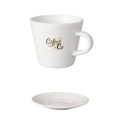 Coffee Neo Budgetline white 19 cl. SET with multicoloured CoffeeCo logo on the front of the service.