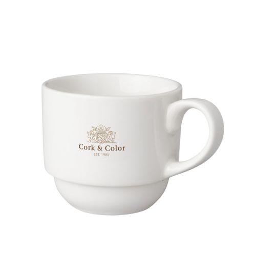 Porseleinen koffiekop 20 cl. voorzien van meerkleurig CorkColor-logo op het midden van de voorzijde.