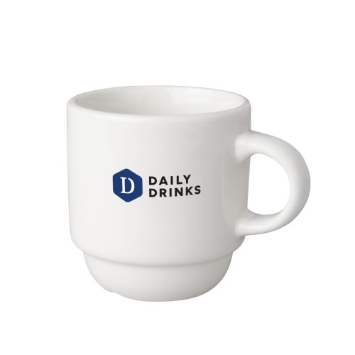 White coffee cup 14 cl with multicoloured DailyDrinks logo printed centrally on the front view. White coffee cup 14 cl with multicoloured DailyDrinks logo printed centrally on the front view.
