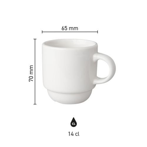 Infographic showing dimensions of the Budgetline Narrow coffee cup 14 cl porcelain, including contents and height. Infographic showing dimensions of the Budgetline Narrow coffee cup 14 cl porcelain, including contents and height.
