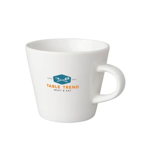 White coffee cup Neo Budgetline 19 cl. with multi-coloured TableTrend logo on front view, porcelain design.