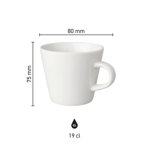 Infographic showing dimensions of porcelain coffee cup Neo Budgetline 19 cl, including diameter and height.