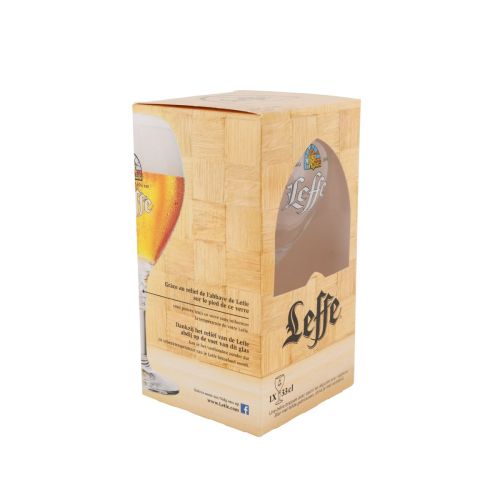 Leffe bierglas van 33 cl in helder glas met verpakking, geschikt als drinkglas en cadeauverpakking voor speciaalbier.