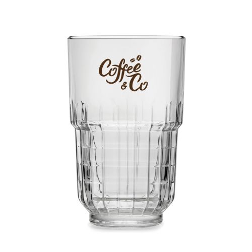 One-colour imprint of CoffeeCo logo visible on front of Onis 34.5 cl glass.