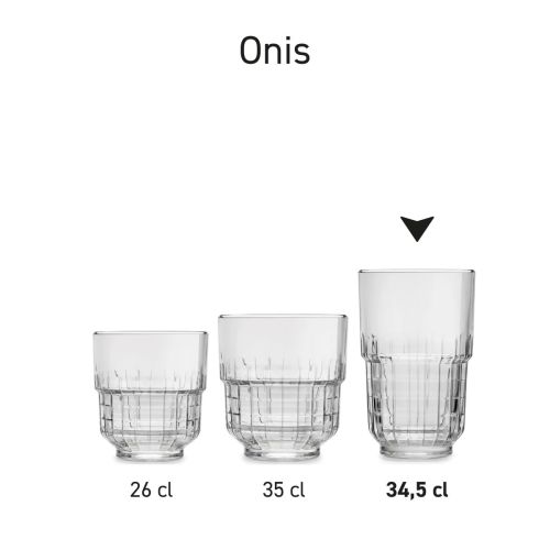 Series of Onis glasses of 34.5 cl presented as a uniform product line in overview.
