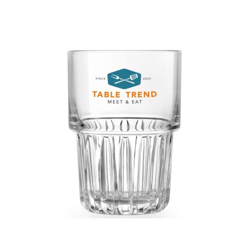 Onis Everest long drink glass 26.5 cl with colourfully printed TableTrend logo on the front.