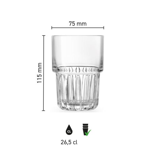Infographic shows height, diameter and wall thickness of long drink glass Onis Everest 26.5 cl.