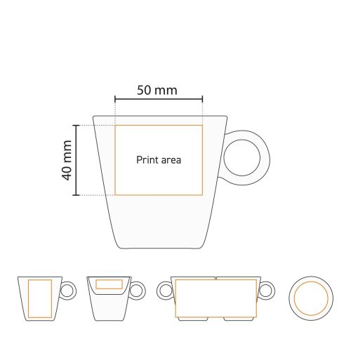 Technische werktekening van de Lukas cappuccinokop 19.5 cl porselein met aanduiding van het drukgebied. Technische werktekening van de Lukas cappuccinokop 19.5 cl porselein met aanduiding van het drukgebied.