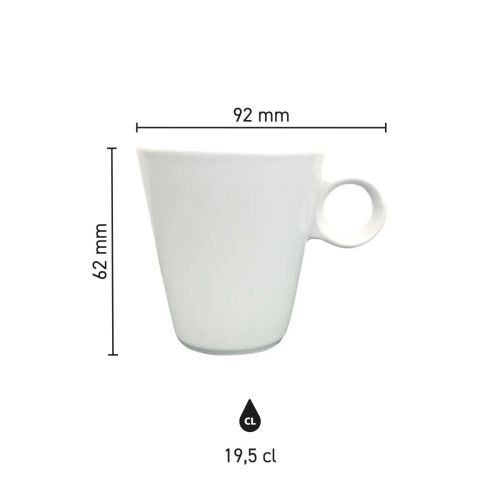 Overzicht van de afmetingen van de Lukas cappuccinokop 19.5 cl wit porselein in grafische weergave. Overzicht van de afmetingen van de Lukas cappuccinokop 19.5 cl wit porselein in grafische weergave.