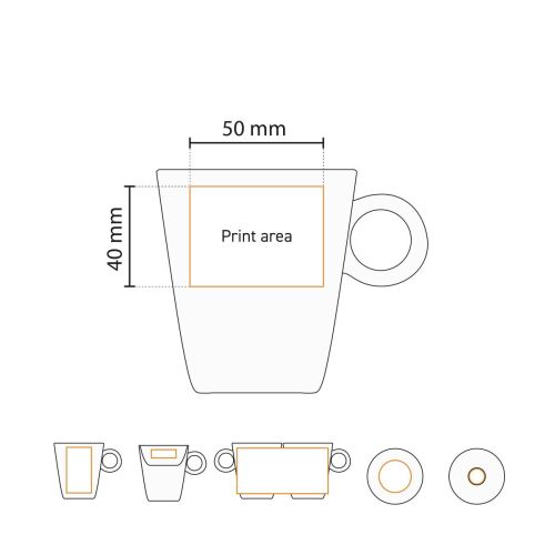 Technische werktekening van de Lukas Cappuccino wit 19.5 cl. Set met aanduiding van het drukgebied. Technische werktekening van de Lukas Cappuccino wit 19.5 cl. Set met aanduiding van het drukgebied.