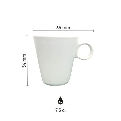 Infographic met productafmetingen van de Lukas espresso kop 7,5 cl, inclusief hoogte en diameter. Infographic met productafmetingen van de Lukas espresso kop 7,5 cl, inclusief hoogte en diameter.