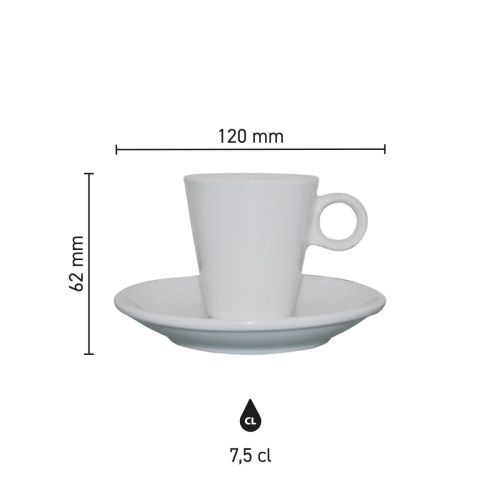 Infographic showing product dimensions of the Lukas espresso white 7.5 cl SET porcelain. Infographic showing product dimensions of the Lukas espresso white 7.5 cl SET porcelain.