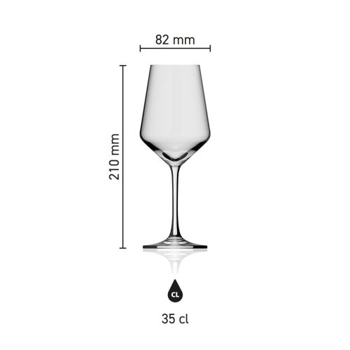 Infographic met afmetingen van het Melody wijnglas 35 cl, met hoogte en diameter in centimeters.
