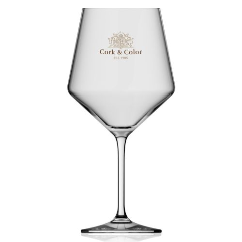 Front view of Melody wine glass 72 cl. with multicoloured printing of CorkColor logo.