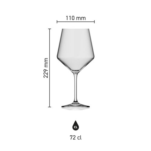 Infographic shows the exact dimensions of the Melody wine glass 72 cl.