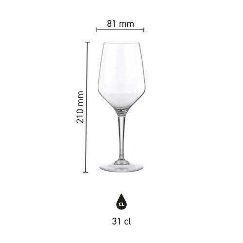 Grafische weergave van het Mencia wijnglas 31 cl. met hoogte en diameter aangeduid.