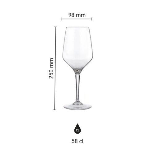 Infographic met hoogte en diameter van het Mencia wijnglas 58 cl. weergegeven. Infographic met hoogte en diameter van het Mencia wijnglas 58 cl. weergegeven.