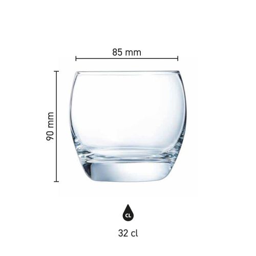 Infographic showing product dimensions of Salto Tumbler 32 cl glass including height and diameter.