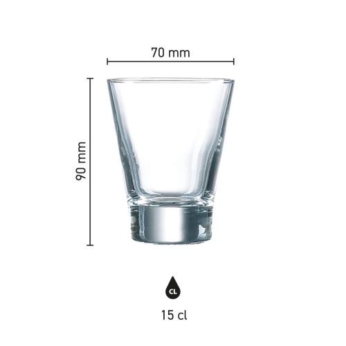 Infographic met nauwkeurige afmetingen van het Shetland 15 cl. glas in millimeters.