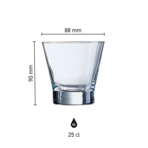 Grafische weergave toont hoogte en diameter van het Shetland 25 cl. glas in detail.