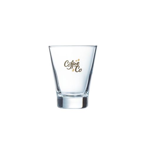 Shetland 9 cl. glas met CoffeeCo-logo in twee tot vier kleuren duidelijk zichtbaar op de voorkant. Shetland 9 cl. glas met CoffeeCo-logo in twee tot vier kleuren duidelijk zichtbaar op de voorkant.