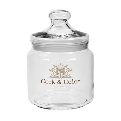 Transparante glazen pot met 1,5 liter inhoud, voorzien van een kleurrijk gedrukt CorkColor-logo. Transparante glazen pot met 1,5 liter inhoud, voorzien van een kleurrijk gedrukt CorkColor-logo.