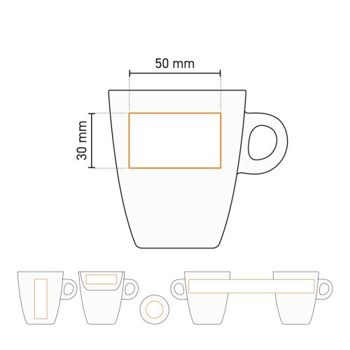 Werktekening met drukgebied van Sonja mok 18 cl porselein voor logoplaatsing en bedrukking. Werktekening met drukgebied van Sonja mok 18 cl porselein voor logoplaatsing en bedrukking.