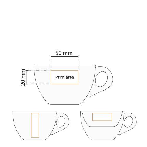 Technical working drawing of porcelain cappuccino set 19 cl with marked pressure area. Technical working drawing of porcelain cappuccino set 19 cl with marked pressure area.