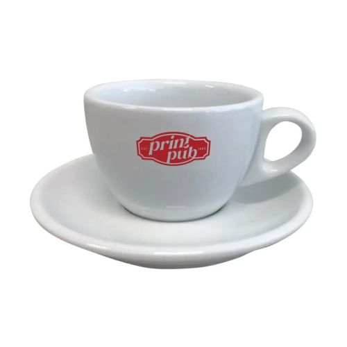 Front view of white 19 cl porcelain cappuccino set with PrintPub's one-colour logo. Front view of white 19 cl porcelain cappuccino set with PrintPub's one-colour logo.