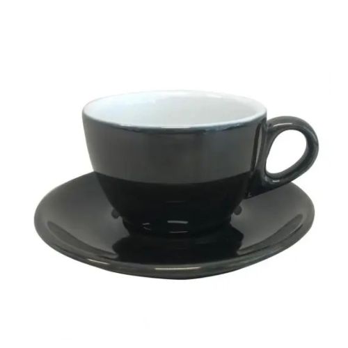 Black and white 19 cl front view porcelain cappuccino set with round cups and matching saucers. Black and white 19 cl front view porcelain cappuccino set with round cups and matching saucers.