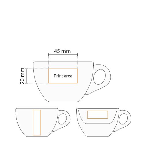 Technische werktekening met aanduiding van drukgebied op porseleinen 19 cl. cappuccinokop. Technische werktekening met aanduiding van drukgebied op porseleinen 19 cl. cappuccinokop.