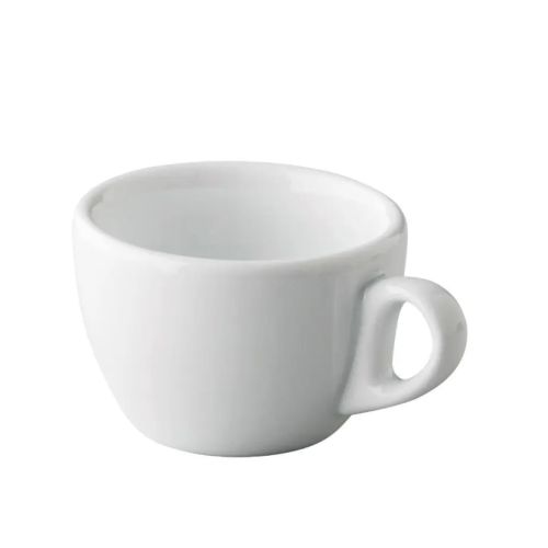 Voorzijde van Style Cappuccino kop 19 cl. in wit porselein, getoond in vooraanzicht. Voorzijde van Style Cappuccino kop 19 cl. in wit porselein, getoond in vooraanzicht.