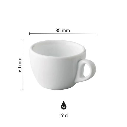 Infographic toont hoogte en diameter van de Style Cappuccino kop 19 cl. porselein. Infographic toont hoogte en diameter van de Style Cappuccino kop 19 cl. porselein.