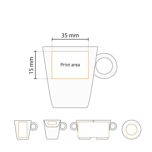 Technical working drawing of 7 cl. porcelain espresso set with pressure area indication. Technical working drawing of 7 cl. porcelain espresso set with pressure area indication.
