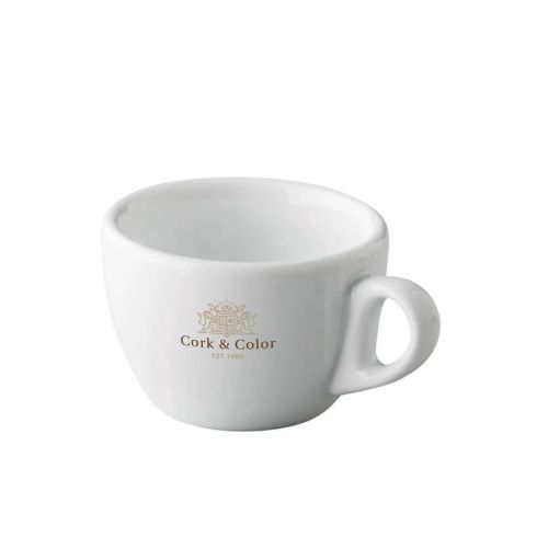 Front view of Style coffee cup 15 cl. porcelain printed with multicoloured CorkColor logo.