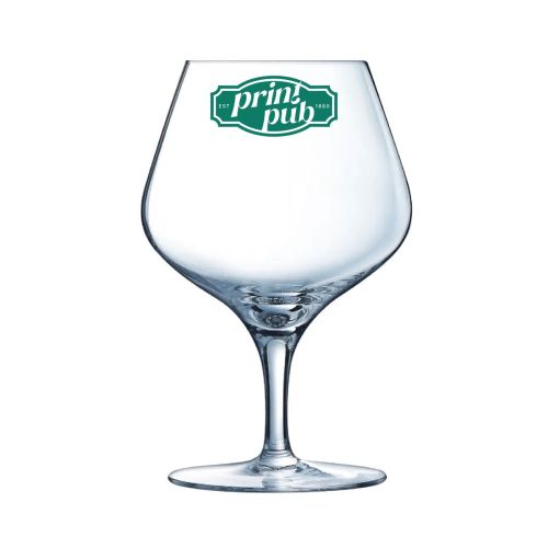 Sublym cognac glass 35 cl. with one-colour PrintPub logo print on the front of the glass.