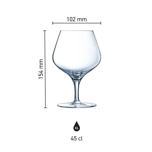 Infographic showing product dimensions of the Sublym cognac glass 35 cl. including chalice and foot.