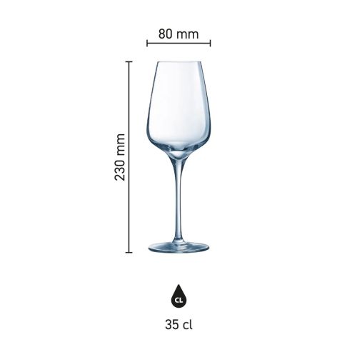 Infographic showing the exact dimensions of the Sublym wine glass 35 cl. including chalice and foot. Infographic showing the exact dimensions of the Sublym wine glass 35 cl. including chalice and foot.