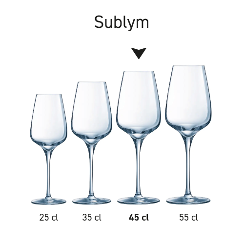 Sublym wine glasses presented side by side as a series with identical design and different capacity sizes. Sublym wine glasses presented side by side as a series with identical design and different capacity sizes.